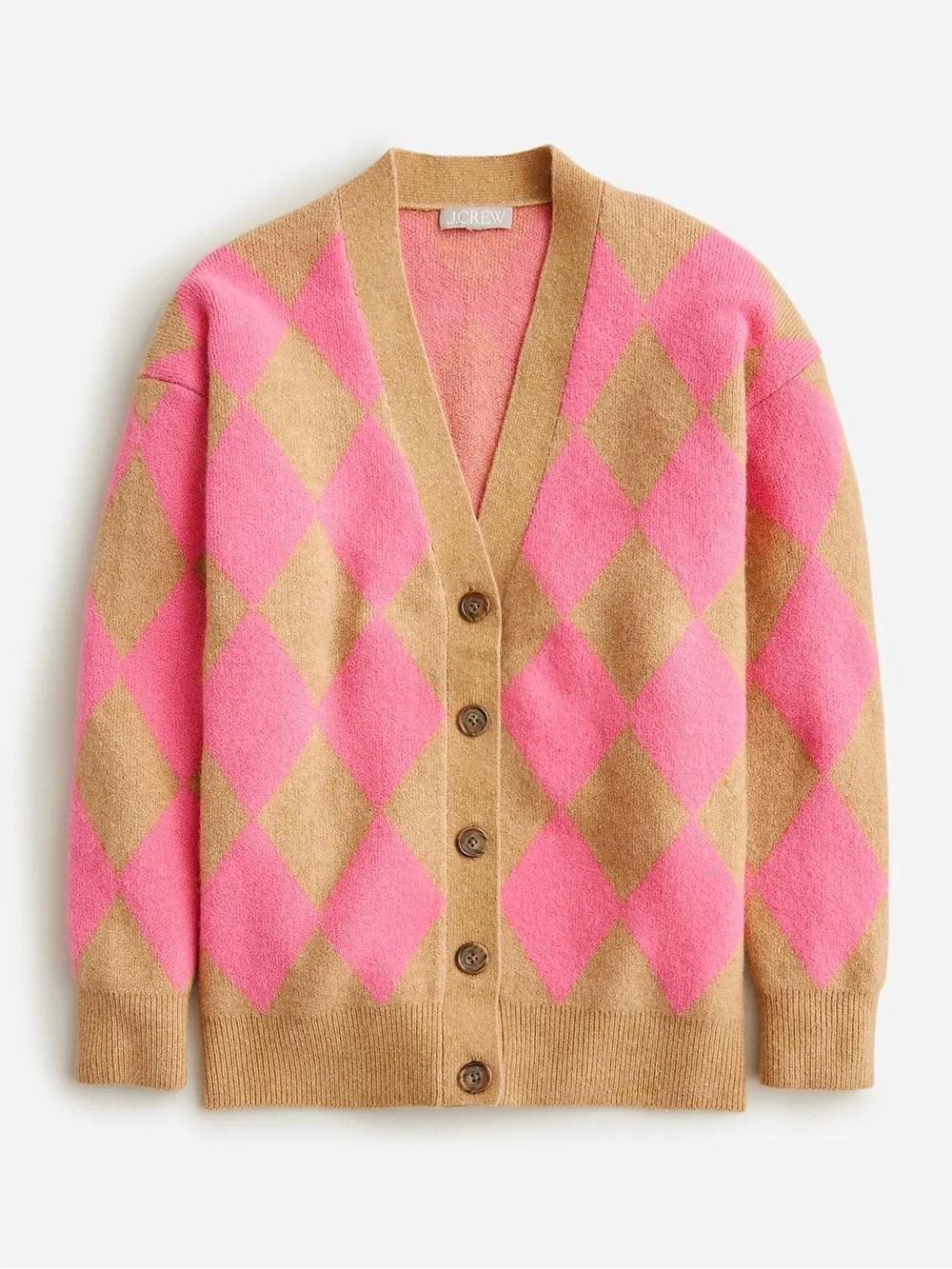 Like-new J. Crew Argyle V-neck cardigan sweater in Supersoft yarn Acorn Azalea